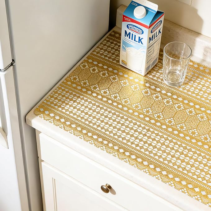 Drawer and Shelf Liner - Gold Geometric Lace Pattern,Non Adhesive Non Slip Waterproof Easy-Clean Shelf Liner for Kitchen Cabinet, Refrigerator, Bathroom, Pantry Storage Drawers, 17 in x 30 Ft