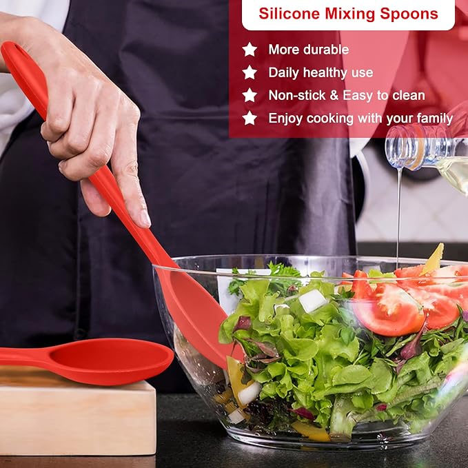 E-far Silicone Cooking Spoon Set of 2, Heat Resistant Kitchen Spoons Utensils Nonstick Mixing Spoon for Baking Stirring Serving, Non-Toxic & Dishwasher Safe (Red)