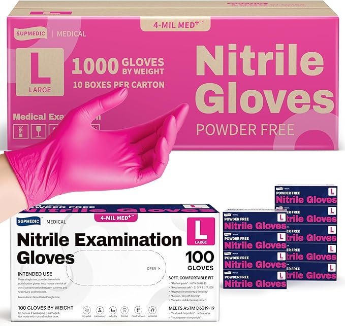 Supmedic Nitrile Exam Gloves, 4 Mil 1000 Ct, Powder-Free Latex-Free Cooking Food-Safe Disposable Medical Gloves, Rose Orchid