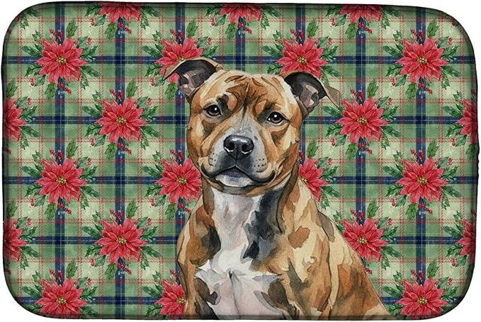 Caroline's Treasures Brindle Staffordshire Bull Terrier Christmas PoinsettIas Dish Drying Mat Absorbent Dish Drying Mat Pad for Kitchen Counter Dish Drainer Mat for Countertop, 14 x 21", Multicolor