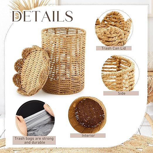 Ctosree 1.3 Gallons Small Wicker Trash Can with Lid Handle Woven Wicker Rattan Bathroom Waste Basket Boho Trash Basket with 100 Plastic Garbage Bags for Bedroom Laundry (Scalloped Style, Natural)