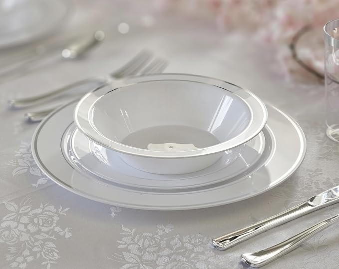 " OCCASIONS " 40 Piece Plates Pack, Heavyweight Disposable Wedding Party Plastic Bowls (14 oz Soup Bowl, White & Silver Rim)