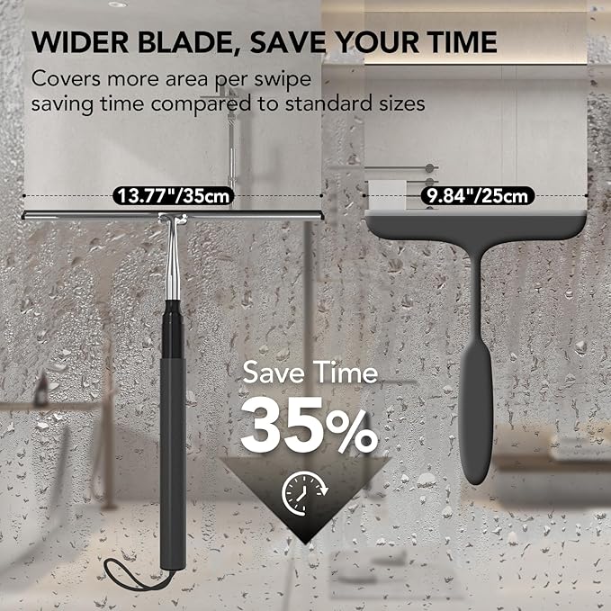 Shower Squeegee for Glass Doors, Telescopic Window Cleaner Tool | 15-51" Squeegee for Shower Glass, Squeegee for Window Cleaning with Long Handle for Tile Walls, Sliding Door, Car Windshield