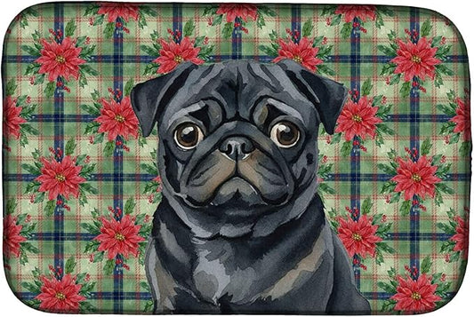 Caroline's Treasures Black Pug Christmas PoinsettIas Dish Drying Mat Absorbent Dish Drying Mat Pad for Kitchen Counter Dish Drainer Mat for Countertop, 14 x 21", Multicolor