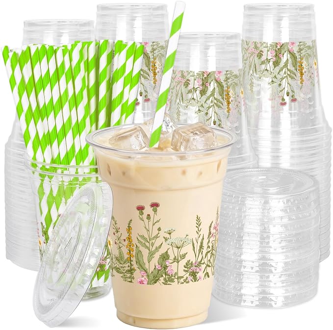 JarThenaAMCS 50Pcs Wildflower Plastic Cups 12 Oz Spring Summer Vintage Floral Cold Beverage Drinking Cups with Lids and Straws Disposable Stackable Party Cup for Baby Shower Birthday