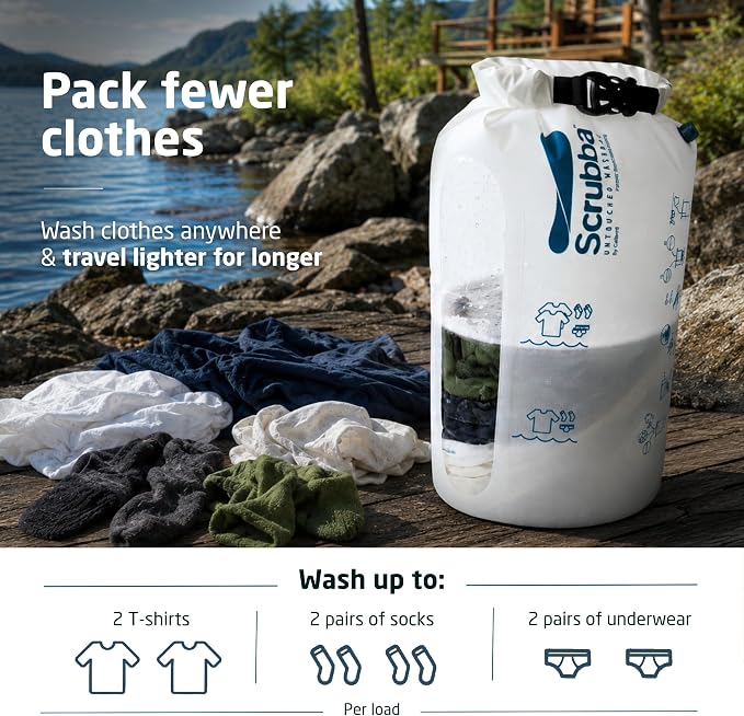 Scrubba Wash Bag Untouched - Patented Washboard-in-a-Bag™ Portable Travel Washing Machine Made with Recycled Polyester - Wash Clothes Anywhere in Minutes (5 oz)