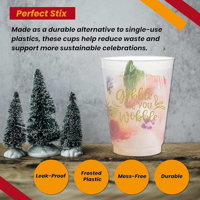 Perfect Stix Party Set includes 16oz Frost Flex Cups and 10" Wooden Plates with Gobble Till You Wobble Print - Pack of 50ct- (25ct each item)