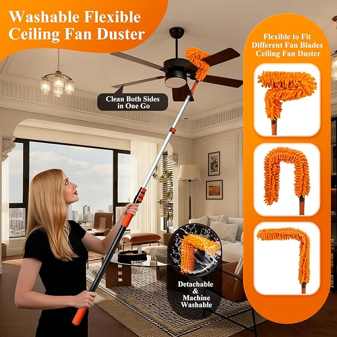 20ft High Ceiling Duster Kit with 4-12ft Heavy-Duty Extension Pole, Cobweb Duster, Ceiling Fan Duster, Window Squeegee & Cleaner, Microfiber Duster, Wall Mop for Home High Reach Cleaning