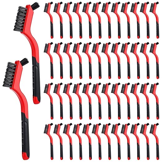 Reallnaive 50 Pcs Nylon Cleaning Brushes Bulk 7 Inch Red Nylon Brushes with Curved Handle Grip for Deep Cleaning Small Parts Rust Dirt Paint Scrubbing, Removal Surface in Hole