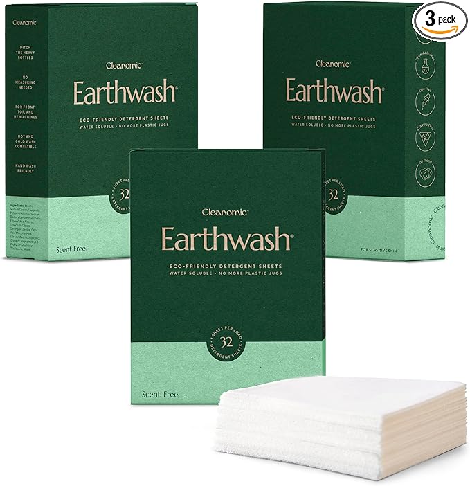 Earthwash Laundry Detergent Sheets (Up To 192 Loads) 96 Scent Free Sustainable Sanitizer Strips - Ideal for Travel & Home Liquidless Laundry by Cleanomic