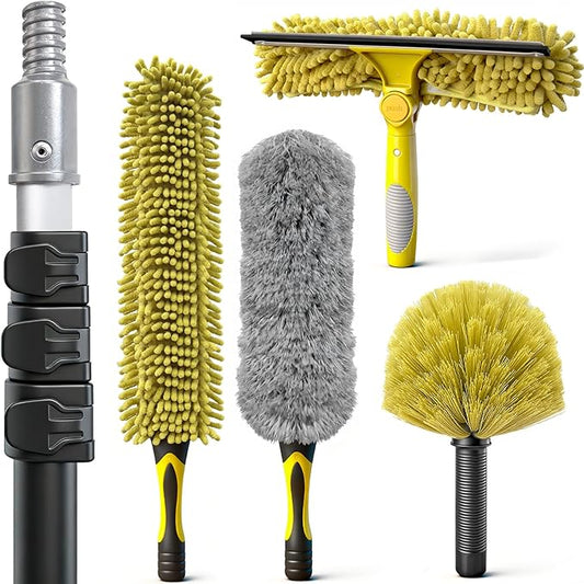 ARTIPOLY 4-12Ft Telescoping Extension Pole Kit, 5-in-1 High Reach Duster with Chenille Window Squeegee Microfiber Feather Cobweb Duster for Ceiling Wall Hard-to-Reach Indoor & Outdoor Cleaning Yellow