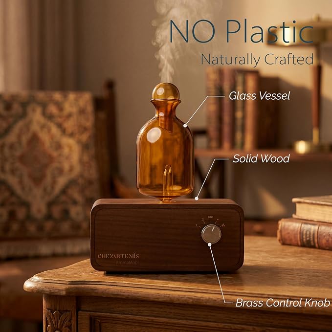 Ember Glass Essential Oil Diffuser with Handmade Wood Base for Aromatherapy, Retro Waterless Scent Diffuser with Cool Mist, Portable & Cordless Oil Nebulizer with LED & Timer, 2026 Model