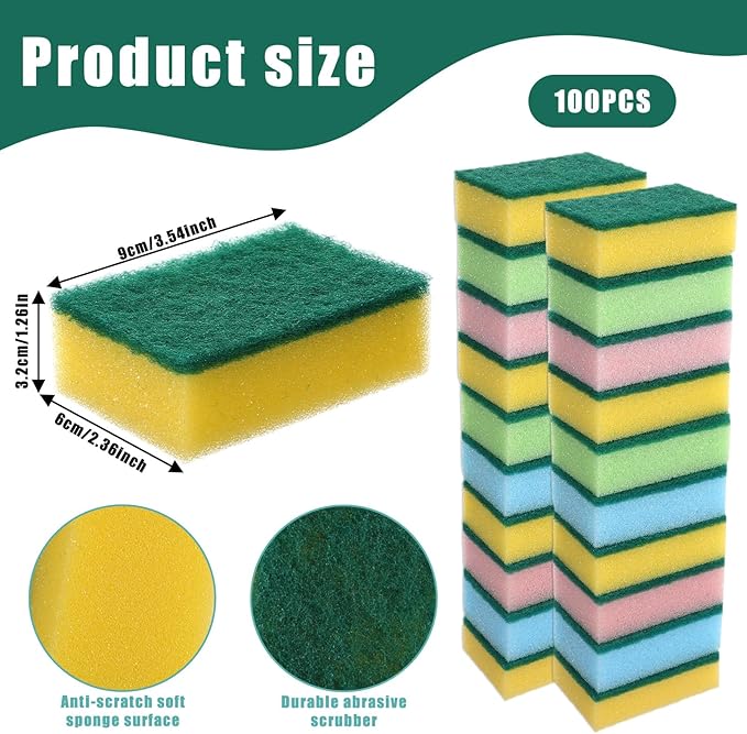 100 Pcs Heavy Duty Cleaning Scrub Sponges for Kitchen Abrasive Scrubber Sponge Bulk One Scouring Scrubbing One Absorbent Dish for Washing Dishes Kitchen, Assorted Colors