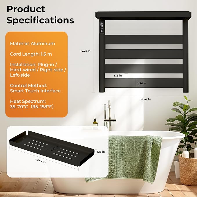 Electric Heated Towel Rack with Removable Top Shelf, Wall Mounted Bathroom Towel Warmer & Drying Rack, 158°F Fast Heating with Touch Screen Timer, Home Spa Towel Holder, Matte Black / Cream White