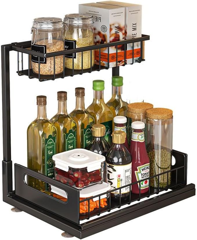 2-Tier Under Sink Organizer Rack – Adjustable Kitchen & Bathroom Storage Shelf with Sliding Baskets, Space Saver for Cleaning Supplies, Pantry, Spices, Toiletries – Heavy Duty Metal Organizer -1 PACK