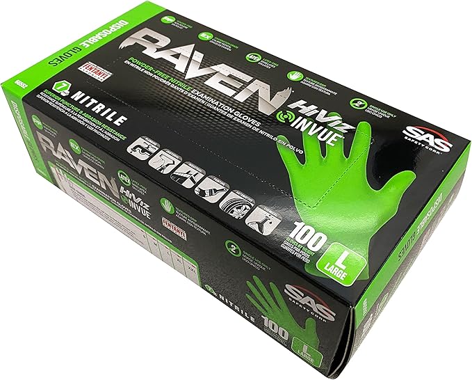 SAS Safety RAVEN HiViz Neon Green Nitrile Gloves (formerly Derma VUE), Size LARGE, 7 MIL, Powder Free - 10 Boxes of 100 Gloves By Weight (1000 Count)