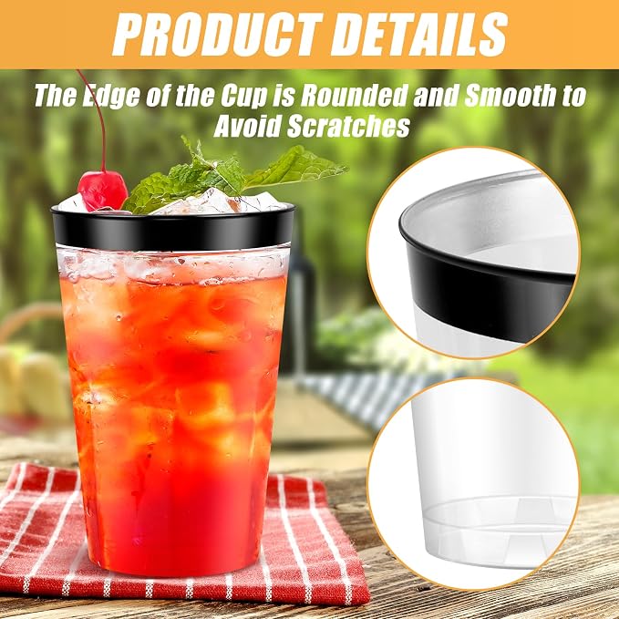 100 Pcs Black Plastic Cups,12 oz Black Rimmed Plastic Cup,Disposable Wine Glasses,Elegant Cocktail Drinking Cup, Clear Party Cups for Wedding Birthday Family Gatherings Holiday (Black)