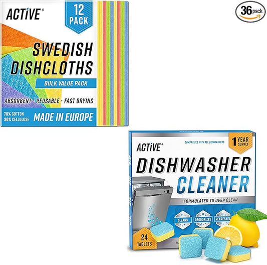 ACTIVE Swedish Dishcloths and Dishwasher Cleaner - Includes 12pk Cellulose Dish Cloths and 24ct Dishwasher Cleaning Tablets