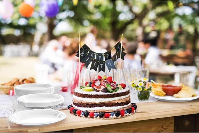 Exquisite Party Solids White Plates Disposable White Plastic Plates 100 Pieces - 50-7" & 50-9" Heavy Duty 350 GSM Disposable Dinnerware Sets, Plastic Dinnerware Sets
