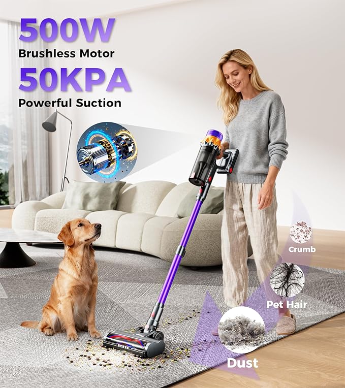 RENDOW Cordless Vacuum Cleaner, 500W 50KPA 60Mins Vacuum Cleaners for Home, Self-Standing Stick Vacuums with LED Display, Lightweight Anti-Tangle Wireless Vacuum for Pet Hair Hard Floors Carpet