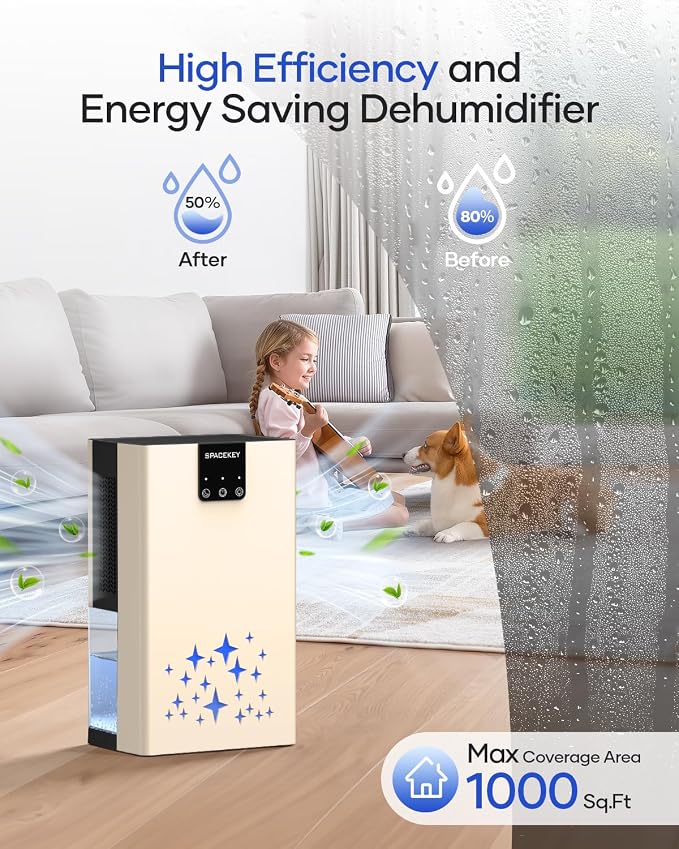 Dehumidifier, 95 OZ Water Tank Dehumidifiers for Home, 1000 sq. ft. Dehumidifier for Basement Bathroom Bedroom with Auto Shut Off, 7 Colors LED Light, Quiet Dehumidifiers with Sleep Mode, Beige