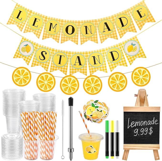 208 Pcs Lemonade Stand Supplies, 50 Lemonade Cups with Lids and Straws, 2 Lemonade Banners, Wooden Blackboard, 50 Lemon Stickers, 3 Pens, Straw Puncher for Summer Lemon Birthday Party Decor