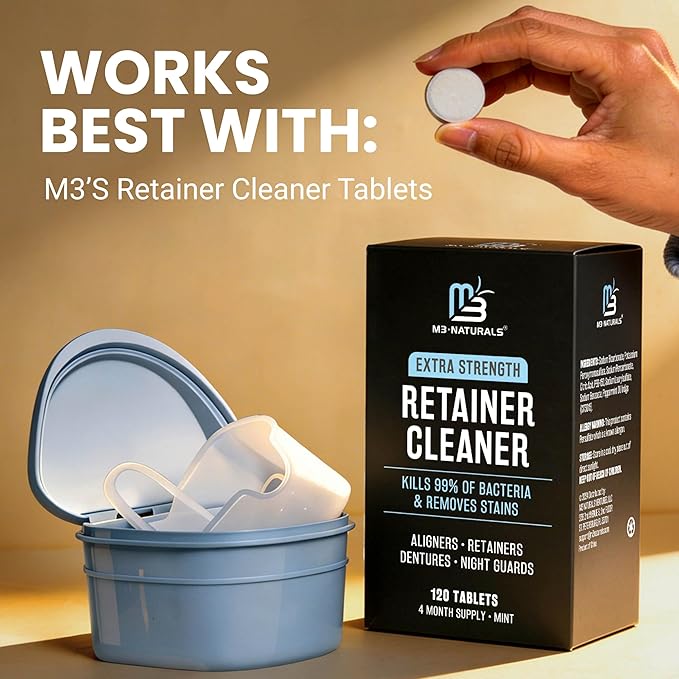 Denture Bath Case and Retainer Case, Denture Bath Cup for Invisalign Retainers Mouthguards Dentures Cleaner Kit with Strainer Spill-Free Portable Retainer Cleaner Case by M3 Naturals (Pack of 2)