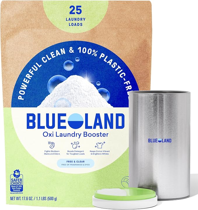 BLUELAND Oxi Laundry Booster Powder with Tin, Starter Set, Fragrance Free & Clear, 25 Loads, 17.6 oz, Plastic-Free, Eco Friendly, Oxy Cleaner, Stain Remover