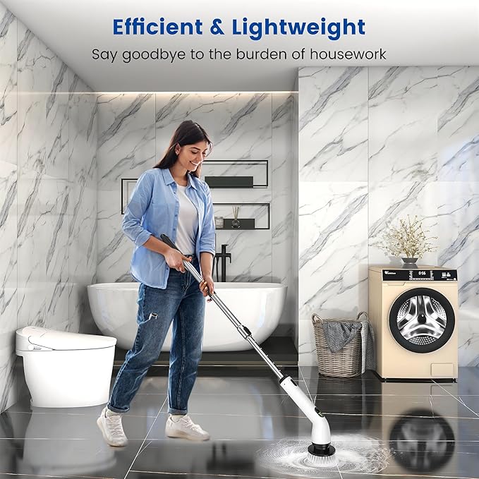 Keimi Electric Spin Scrubber, Full-Body IPX7 Waterproof Cordless Shower Scrubber with 4 Replaceable Heads, Upgraded Extension Handle, 2H Work Time, 2 Speeds for Bathroom Shower Tile Glass