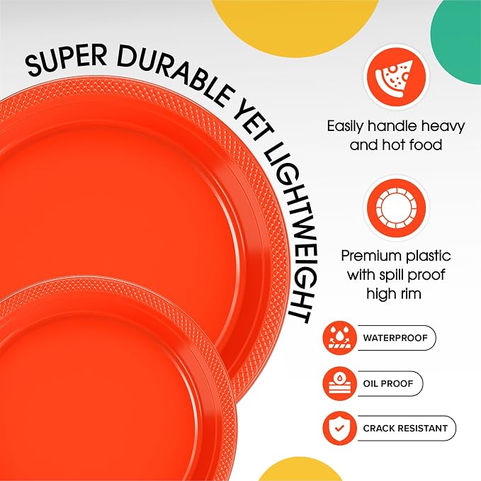 Exquisite Party Solids Orange Plates Disposable Orange Plastic Plates 100 Pieces - 50-7" & 50-9" Heavy Duty 350 GSM Disposable Dinnerware Sets, Plastic Dinnerware Sets