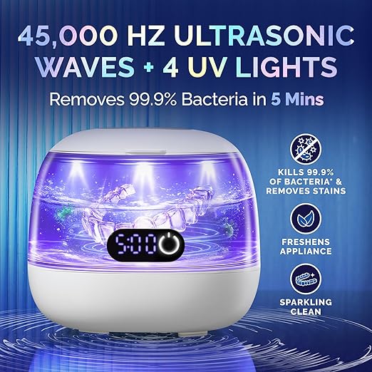 Ultrasonic Retainer Cleaner Machine for Invisalign – 45kHz Ultrasonic Cleaner for Dentures, Aligner & Mouth Guard with UV Light, 200ml Tank, Digital Timer – Dental Appliance & Night Guard Cleaning Pod