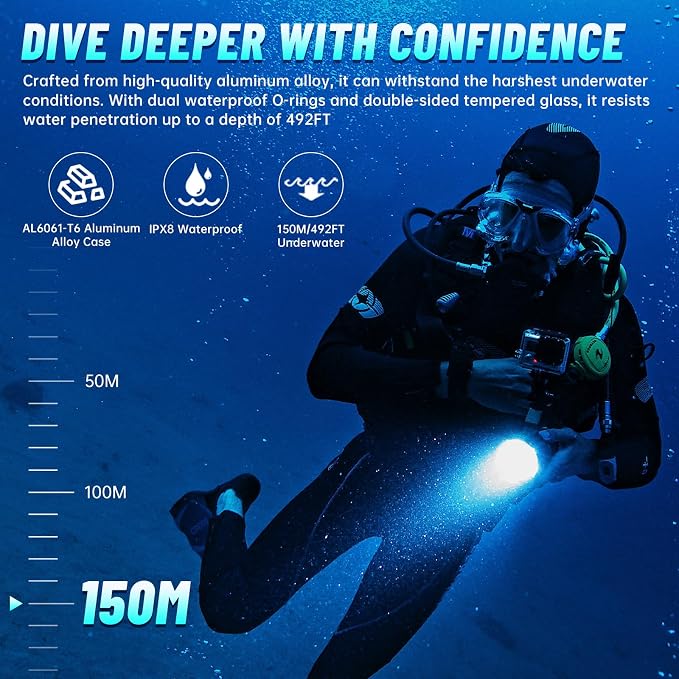 D20S Scuba Diving Light, 2000 Lumens Waterproof Underwater Lights, IPX8 Scuba Diving Flashlight,984ft Long Range Underwater Flashlight for Diving Snorkeling Deep Sea Cave with Charger