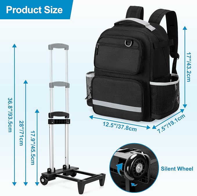 HODRANT Large Rolling Cleaning Backpack with Detachable Trolley & Waterproof Bottom, Cleaning Supplies Bag with Handle & Support Plate, Cleaner Caddy Organizer for Car Wash & Housekeeping Tool Storage
