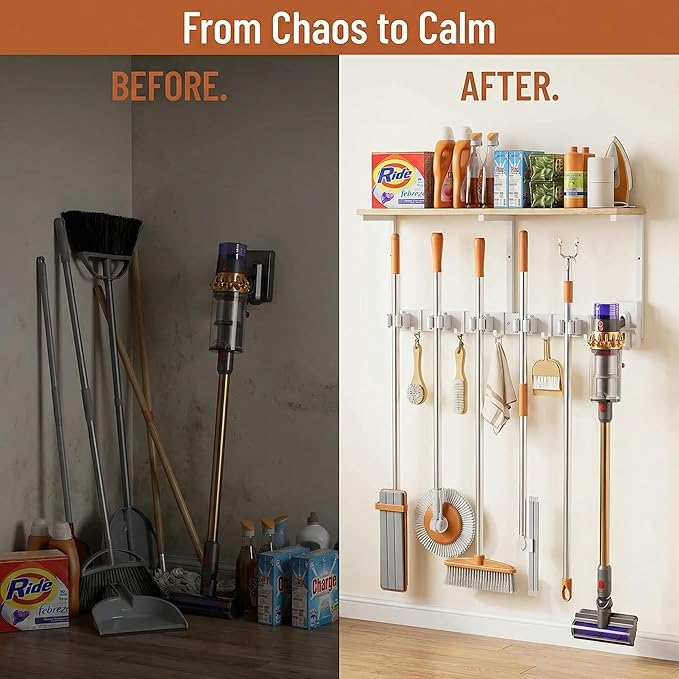 Upgraded Broom Holder Wall Mount with Shelf, Mop and Broom Organizer Wall Hanging, Cleaning Supplies Organizer with 5 Grippers, 4 Hooks and Vacuum Holder for Laundry Room, Garage, Kitchen