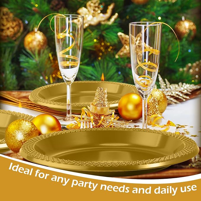 Zopeal 200 Pcs Gold Plastic Dessert Plates 6 Inch Round Gold Disposable Plates Heavy Duty Wedding Dinner Tableware for Birthday Party Dinner Picnic Salad, Appetizer Party Supplies
