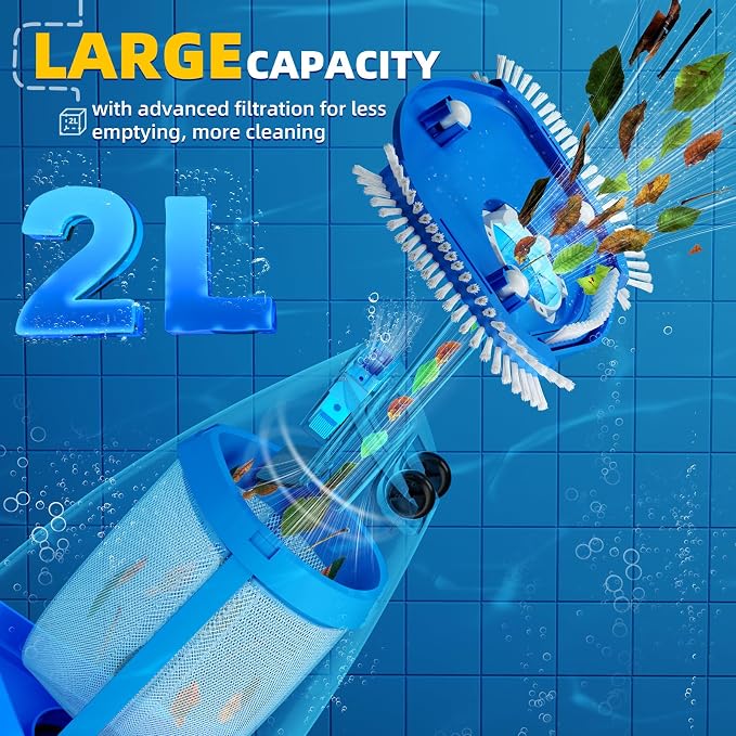 Cordless Pool Vacuum Above & Inground Pools, Powerful 1590 GPH Suction,Handheld Telescopic Pole up to 85.45", 1H Runtime, 2L Debris Bin, Rechargeable Pool Cleaner for Spas & Hot Tubs