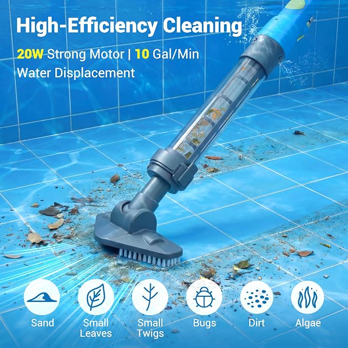 Hot Tub Vacuum - Cordless Pool Vacuum for Above Ground Pool Rechargeable Stick for Fast Sand & Debris Removal in All Pool Types, Spas & Hot Tubs (Ocean Blue)