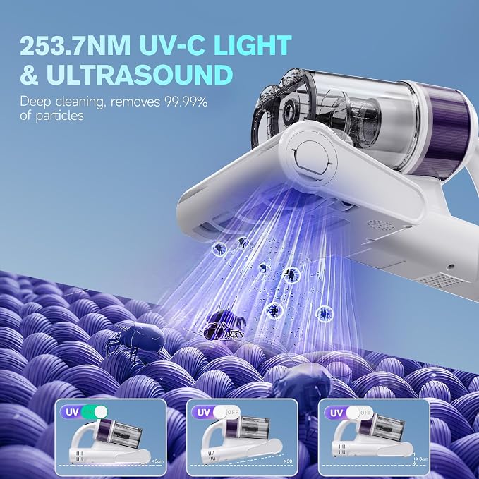 Mxnsewr Mattress Vacuum Cleaner, Ultrasonic Bed Vacuum Cleaner with 18Kpa Strong Suction, 150°F Heat & 253.7nm UV-C Light, Intelligent Dual Cup, One-Click Dust Removal for Bed, Sofa, Carpet, White