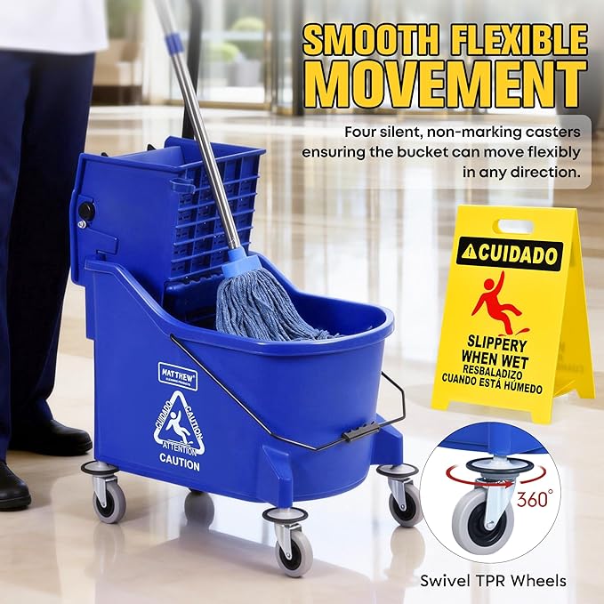 Matthew Cleaning Blue 44Quart Commercial Mop Bucket INCL.Wet String Mop& 19'' Industrial Wet Floor Sign with Side Press Wringer On Wheels,Tandem Portable Floor Cleaning Wavebrake,Ideal for Household