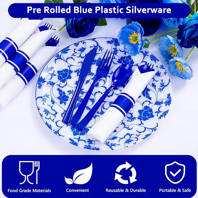 400PCS Pre Rolled Blue Plastic Silverware Sets - Heavy Duty Blue Cutlery - Include 100 Pack Wrapped Disposable Utensils with Napkins for Parties & Weddings & Independence Day & 4th of July