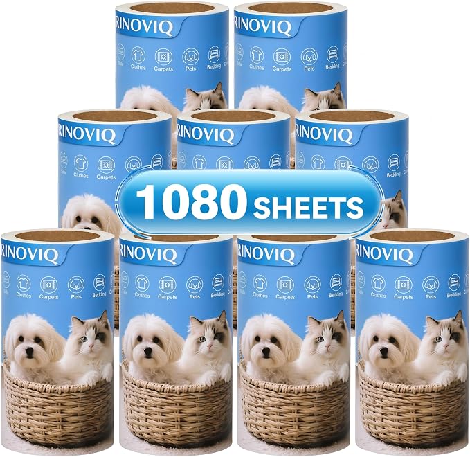 Lint Roller Refills - 1080 Sheets Total, Extra Sticky Adhesive Replacement Rolls for Pet Hair Removal on Clothes, Couch, Furniture & Carpet, 3.9-inch Rolls with 120 Sheets Each, (No Handle Included)