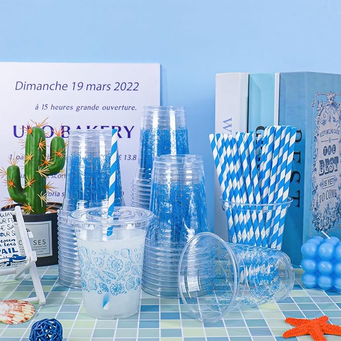 FYSUIMU 50Pcs 12Oz Blue Ocean Plastic Cups with Lids & Straws Seashell Starfish Disposable Clear Drinking Cups for Summer Beach Party Supplies