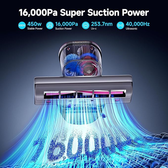 uwant Mattress Vacuum Cleaner, 16KPa 450W Suction Bed Vacuum Cleaner with 253.7nm UV-C Light & Ultrasonic, 149°F Heat, 36000 RPM/Min Tapping, HEPA Filter for Bed Sofa Crib