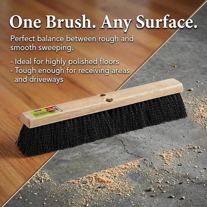 Black Indoor Push Broom Head – Heavy Duty Hardwood Block – Polypropylene Bristles – Deck Scrub Brush – Two Threaded Handle Holes for Better Assist (16")