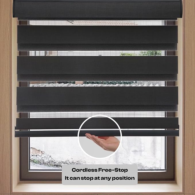 MYshade Cordless Roller Shades Zebra Blinds Day and Night Light Filtering Dual Layer 44" x 72" Black