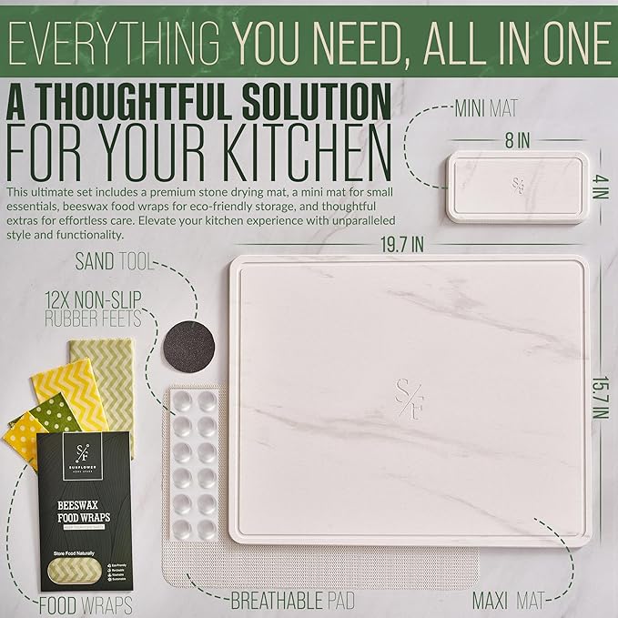 Large Stone Dish Drying Mat - Double-Sided Stone Drying Mat for Kitchen Counter - 3-Pcs Gift Set (White Marble, 20" x 16")