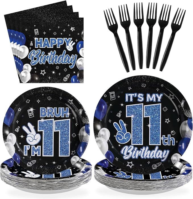 96 Pcs 11th Birthday Decorations for Boys Graduation Blue and Black Plates and Napkins Disposable Glitter It's My 11th Birthday Party Supplies for Boys Kids Teenager 11 Years Old Party Decor Serves 24