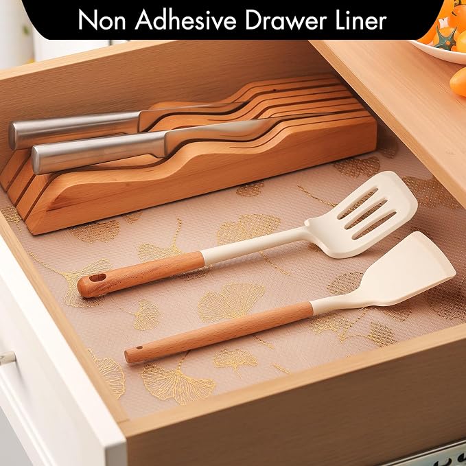 Cooyes Shelf Liner, Non Adhesive Drawer and Cabinet Liner, EVA Washable Oil-Proof Shelf Paper for Kitchen Cabinets, Refrigerator, Storage, Desks with Modern Pattern （Gold Ginkgo，17.5" W x 78.7" L）