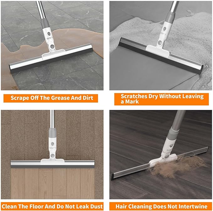 LGJJ Floor Spatula Broom 17" Rubber Spatula with 51" Aluminum Rod for Bathroom Tile, Garage Concrete, Deck, Shower Glass, Window Cleaner, Spatula Broom for Home Flooring