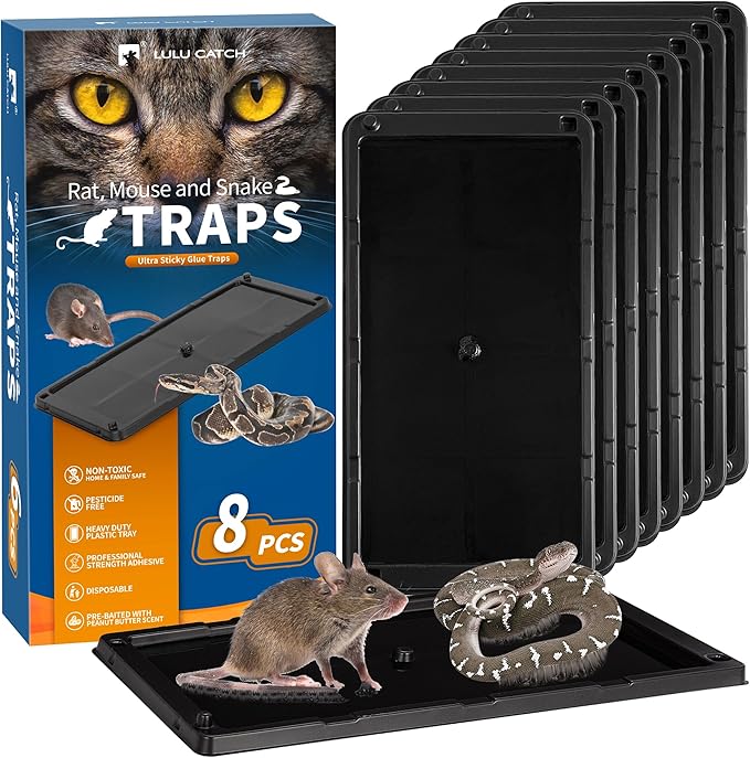 LULUCATCH Mouse Traps, 8 Pack Large Glue Traps Mouse Traps Indoor for Home, Pre-Baited Non-Toxic Bulk Glue Boards for Mice, Snakes, Rat, Lizard, Cockroach & Spiders, Pet Safe, Easy to Use